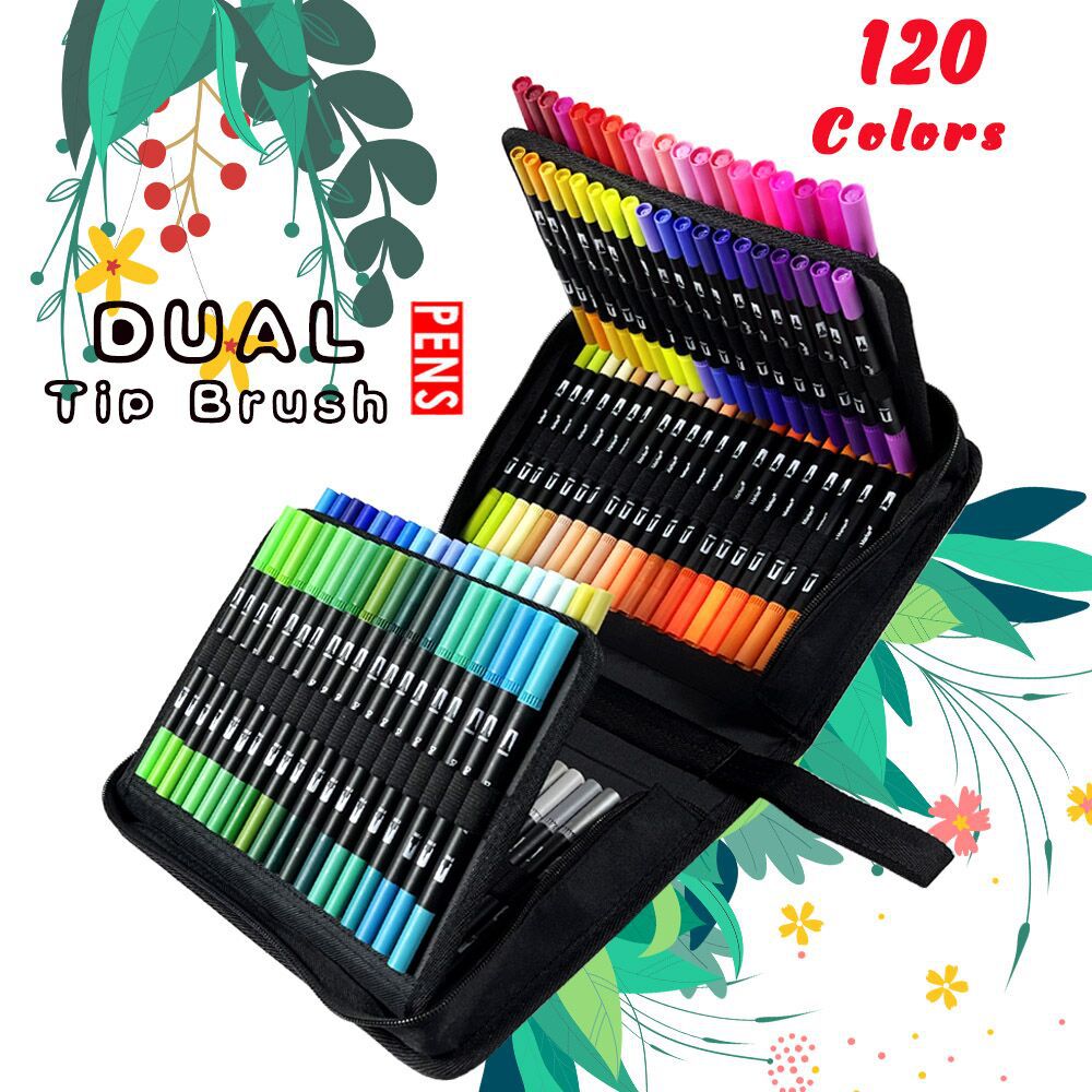 Art Markers Dual Brush Pens for Coloring, 60 Artist Colored Marker Set, Fine and Brush Tip Pen Art Supplier for Kids Adult Coloring Books, Bullet Journaling, Drawing