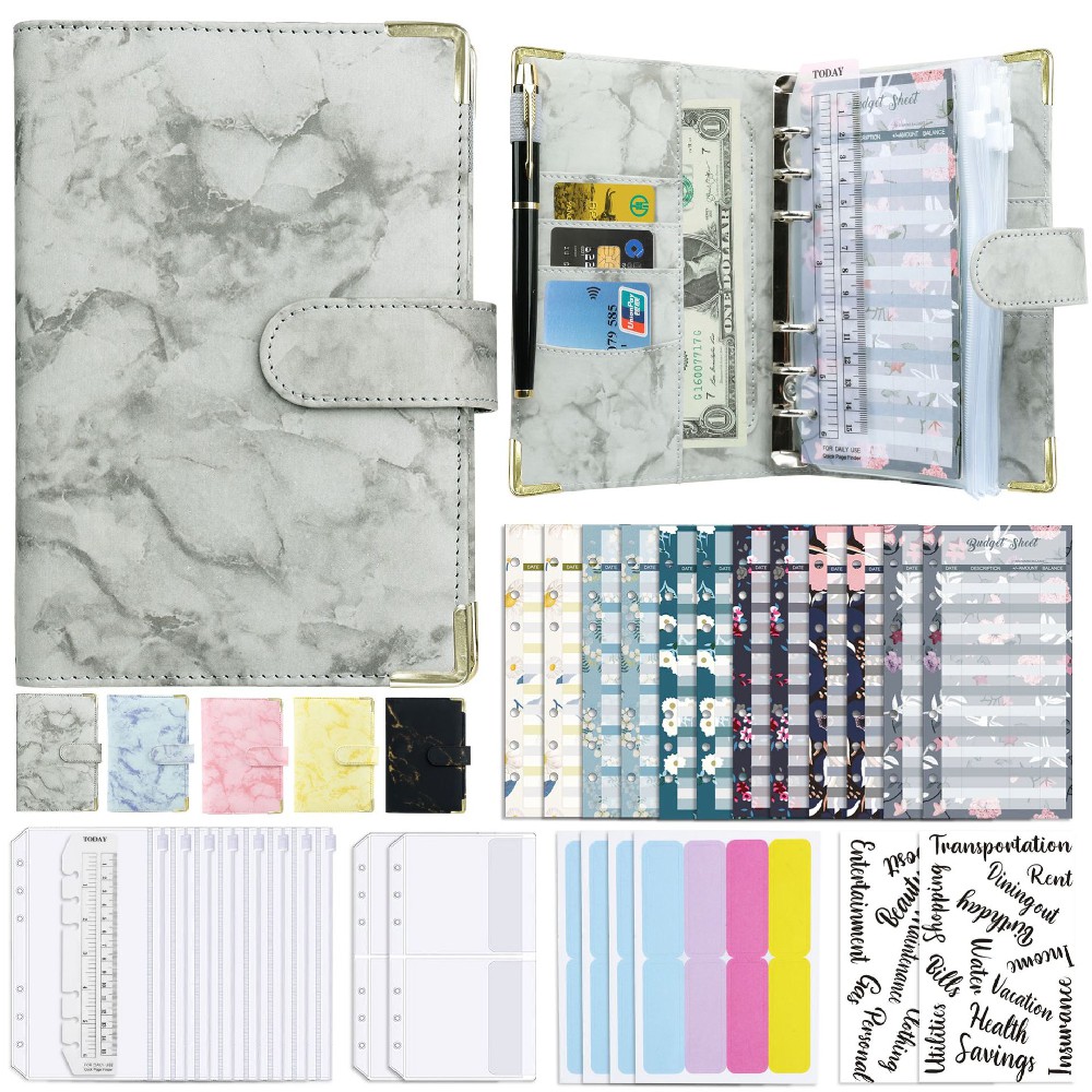 A6 Budget Binder Refillable 6 Ring Notebook Planner Cover for A6 Refill Paper, Money Saving Binder for Cash Envelopes, Marble A6 Mini Personal Binder with Magnetic Buckle Closure